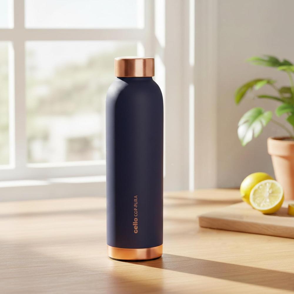 CELLO Evita Copper Water Bottle For Daily & Office Use 750 ml, Blue | Leakproof & Rustproof ISI Certified Single Wall 100% Pure Copper Promotes Immunity, Improve Digestion & Supports Healthy Living