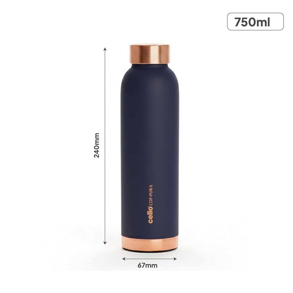 CELLO Evita Copper Water Bottle For Daily & Office Use 750 ml, Blue | Leakproof & Rustproof ISI Certified Single Wall 100% Pure Copper Promotes Immunity, Improve Digestion & Supports Healthy Living