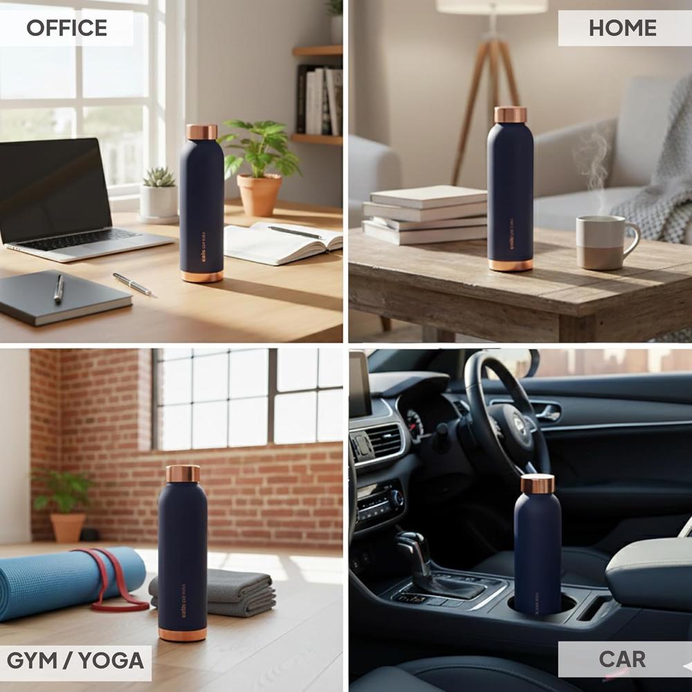 CELLO Evita Copper Water Bottle For Daily & Office Use 750 ml, Blue | Leakproof & Rustproof ISI Certified Single Wall 100% Pure Copper Promotes Immunity, Improve Digestion & Supports Healthy Living