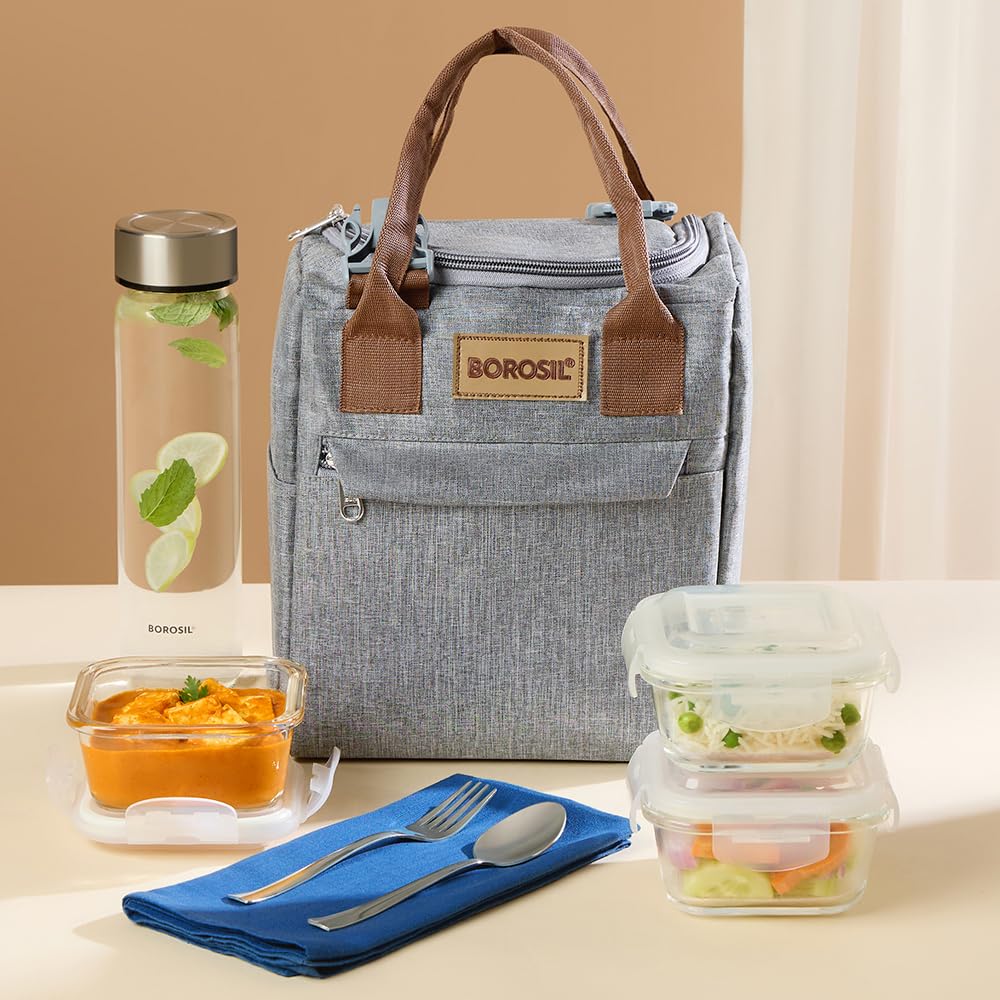 Borosil  Borosilicate Glass Lunchbox | 3pc Container + 1 (550ml) Glass Bottle + Fork & Spoon Set With Mat | Microwave & Dishwasher Safe | Tiffin For Office, School, College (gourmet Plus) - Color: Gourmet Plus