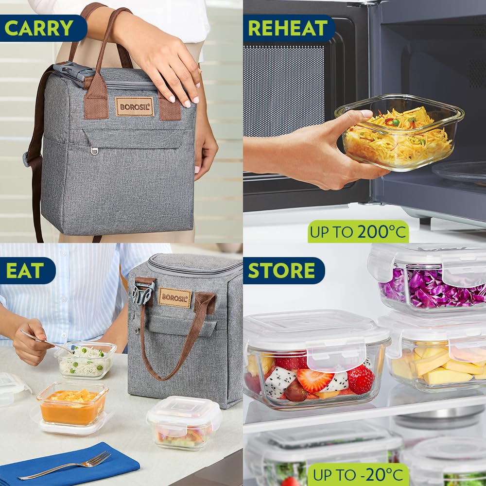 Borosil  Borosilicate Glass Lunchbox | 3pc Container + 1 (550ml) Glass Bottle + Fork & Spoon Set with Mat | Microwave & Dishwasher Safe | Tiffin for Office, School, College (Gourmet Plus)