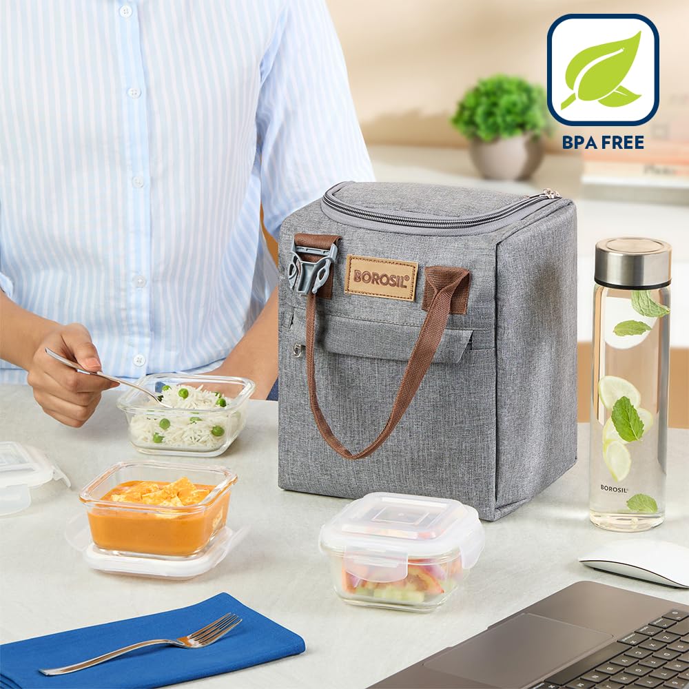 Borosil  Borosilicate Glass Lunchbox | 3pc Container + 1 (550ml) Glass Bottle + Fork & Spoon Set with Mat | Microwave & Dishwasher Safe | Tiffin for Office, School, College (Gourmet Plus)
