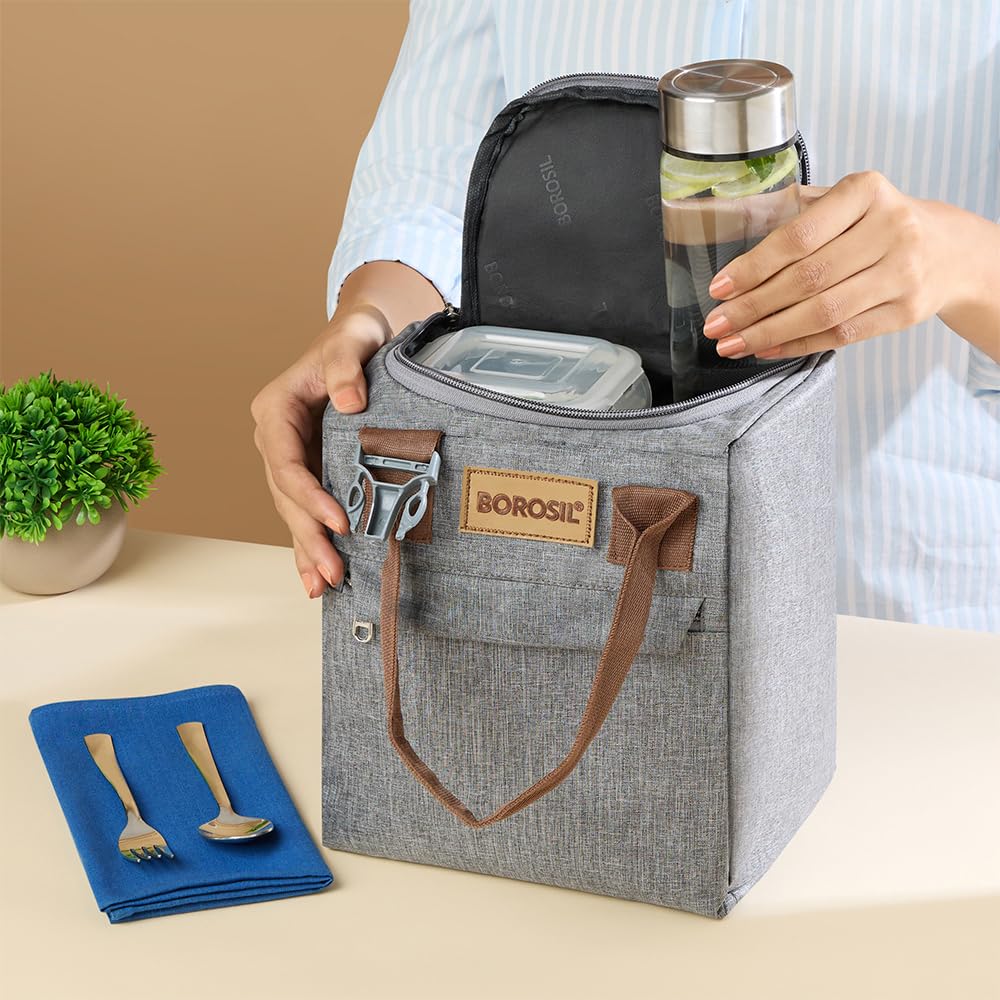 Borosil  Borosilicate Glass Lunchbox | 3pc Container + 1 (550ml) Glass Bottle + Fork & Spoon Set with Mat | Microwave & Dishwasher Safe | Tiffin for Office, School, College (Gourmet Plus)