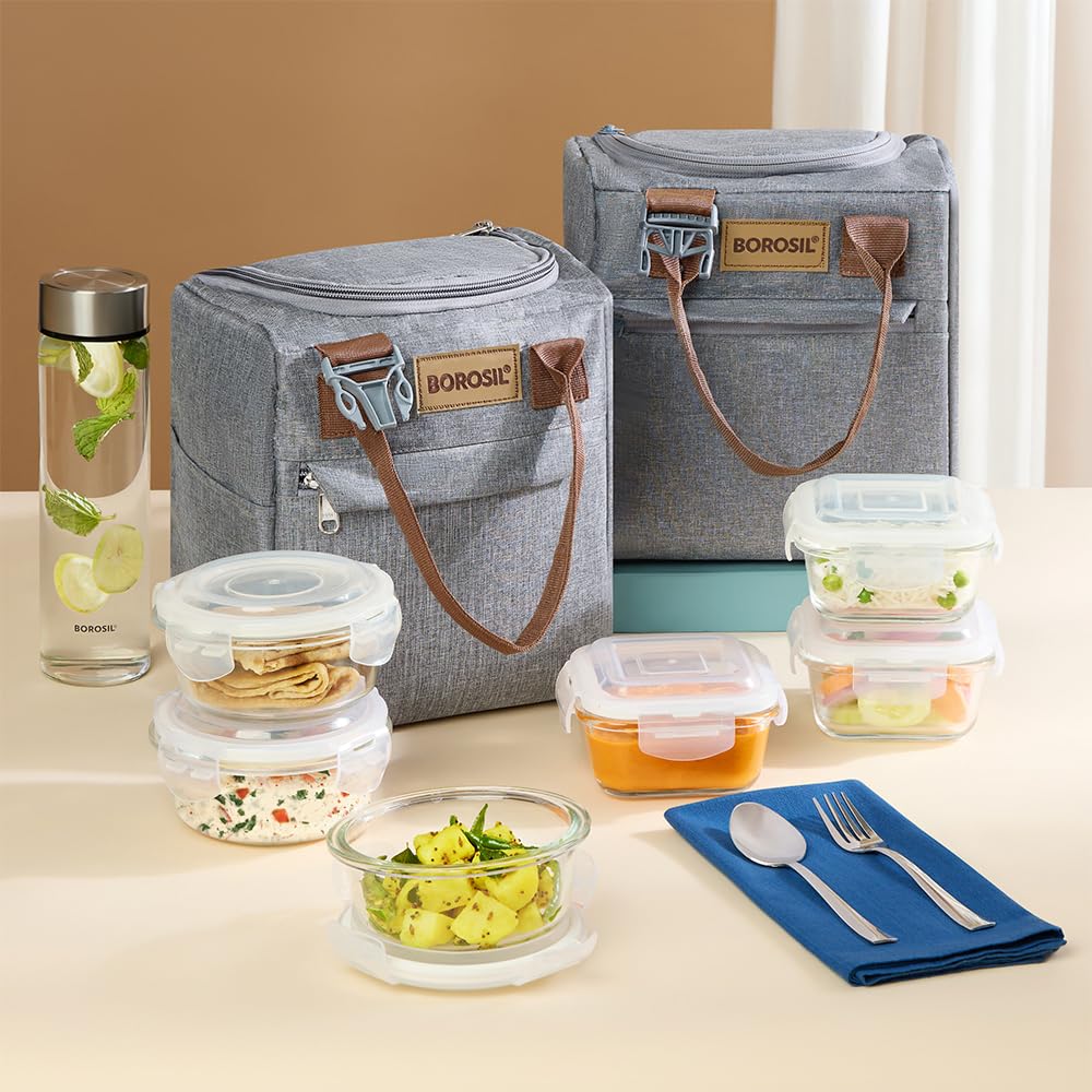 Borosil  Borosilicate Glass Lunchbox | 3pc Container + 1 (550ml) Glass Bottle + Fork & Spoon Set with Mat | Microwave & Dishwasher Safe | Tiffin for Office, School, College (Gourmet Plus)