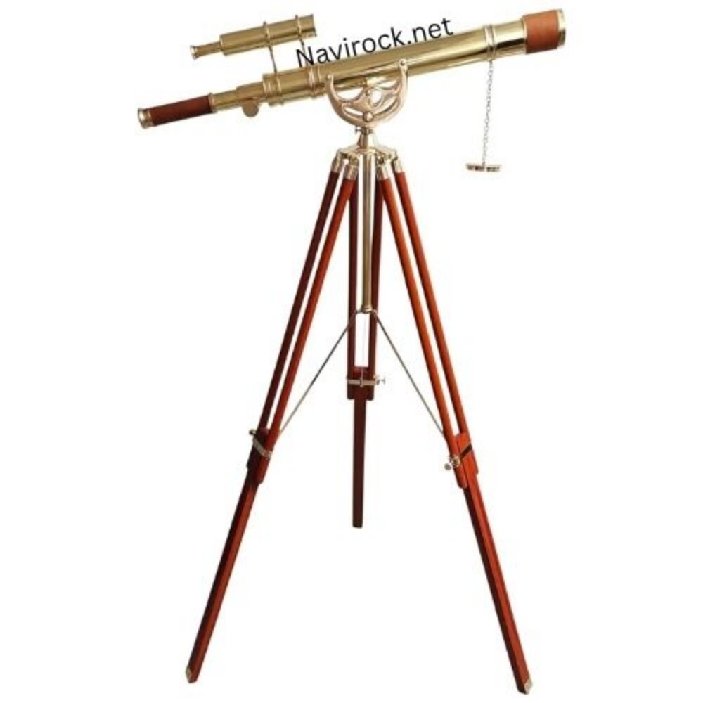 Vintage Telescope Double Barrel Adjustable Wooden Tripod Shiny Finish Brown Leather Nautical Home Decor & Office