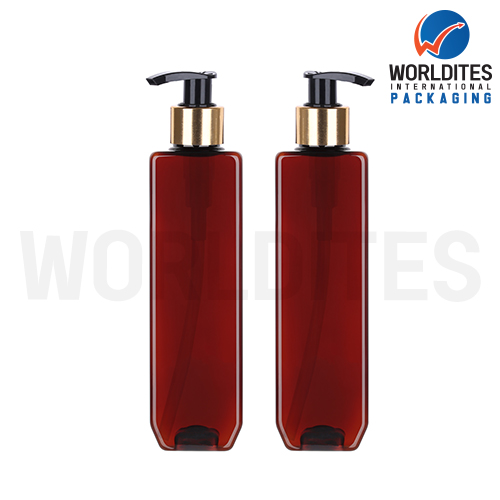 Cosmetic Amber Color 100ml  200 ml PET Bottle With Gold Plated Dispenser Pump