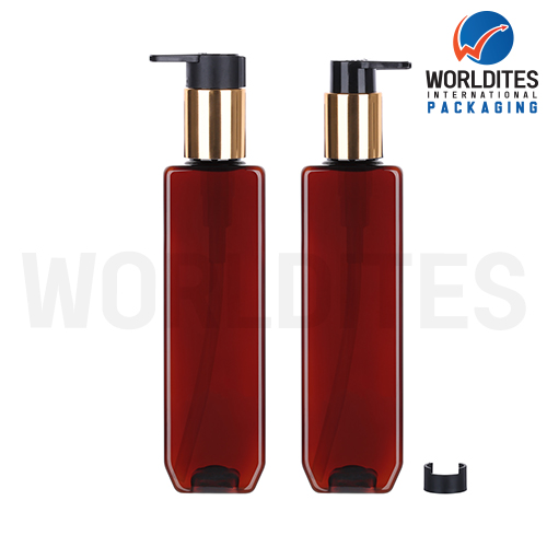 Cosmetic Amber Color 100ml  200 ml PET Bottle With Gold Plated Dispenser Pump