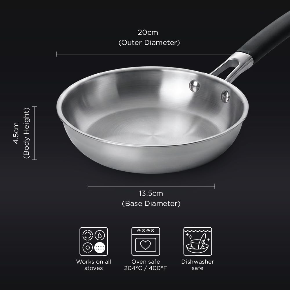 Meyer Trivantage Pro Stainless Steel Open Fry Pan | Healthy, Non Toxic | Frypan | 18CM | 10 Year Warranty | Silver  32101