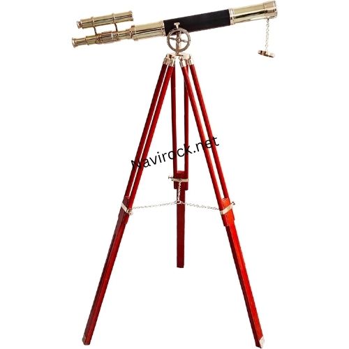 Double Barrel Vintage Telescope Shiny Brass Finish Wooden Brown Tripod Telescopes