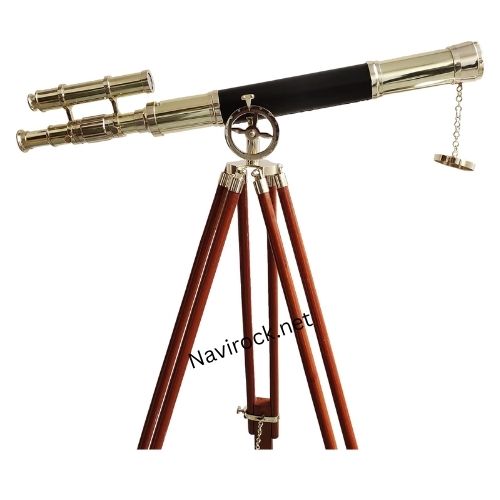 Double Barrel Vintage Telescope Shiny Brass Finish Wooden Brown Tripod Telescopes