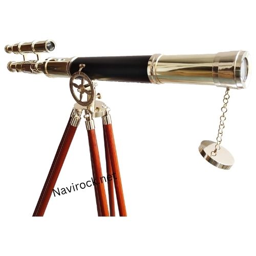 Double Barrel Vintage Telescope Shiny Brass Finish Wooden Brown Tripod Telescopes