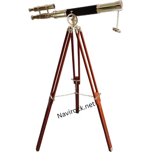 Double Barrel Vintage Telescope Shiny Brass Finish Wooden Brown Tripod Telescopes