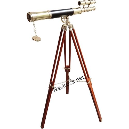 Double Barrel Vintage Telescope Shiny Brass Finish Wooden Brown Tripod Telescopes