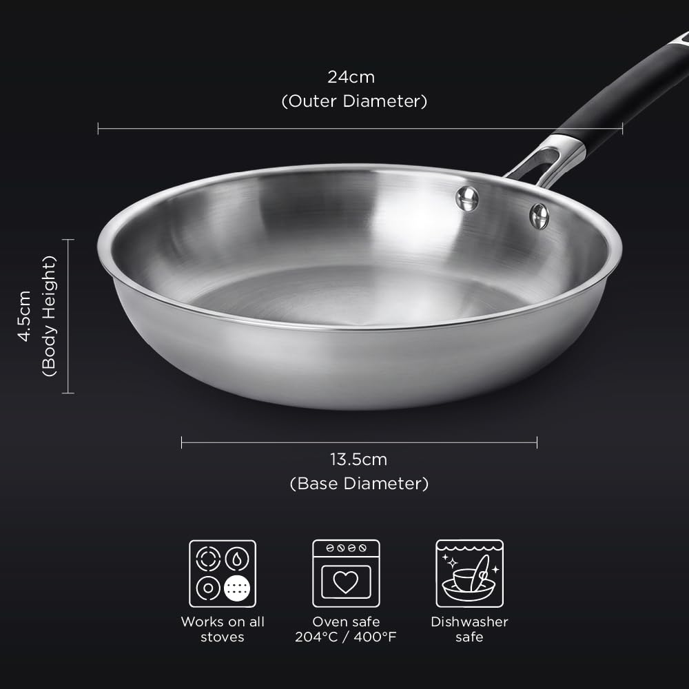 Meyer Trivantage Pro Stainless Steel Open Fry Pan | Healthy, Non Toxic | Frypan | 24 CM| 10 Year Warranty | Silve 32104