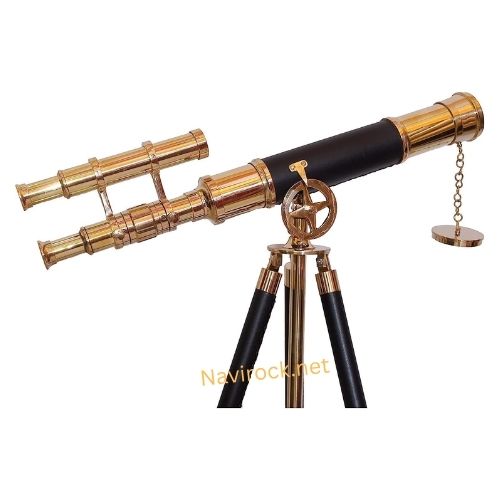  Nautical Brass Double Barrel Telescope with Adjustable Wooden Tripod