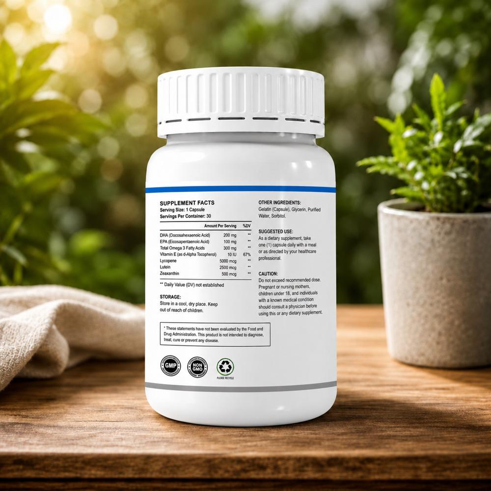 DHA, EPA, Total Omega 3 Fatty Acids, Vitamin E Lycopene, Lutein & Zeaxanthin Tablets
