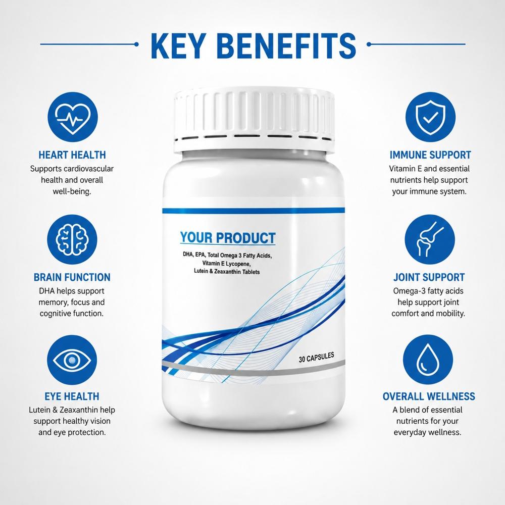 DHA, EPA, Total Omega 3 Fatty Acids, Vitamin E Lycopene, Lutein & Zeaxanthin Tablets