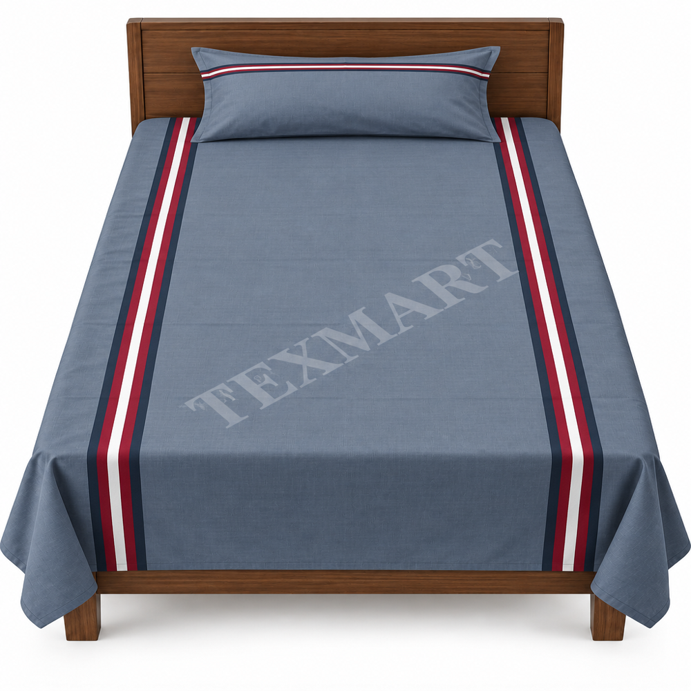 Customized Army Regimental Bedsheet - Polycotton 290cm Grey Base with Blue & Red Stripes 260 GSM | Machine Washable Hypoallergenic Dobby Weave Matching Pillowcase Included