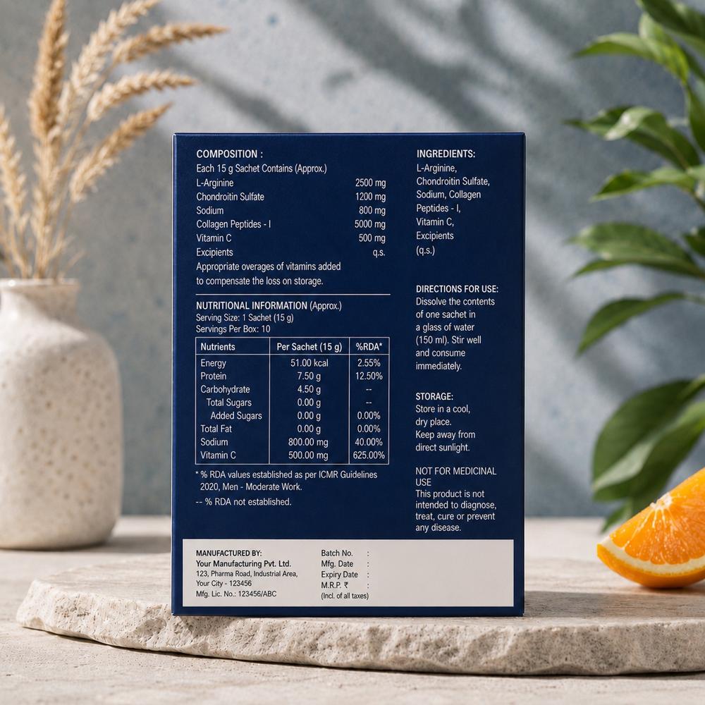 L-Arginine, Chondroitin Sulfate Sodium, Collagen Peptides Type I and Vitamin C Sachet