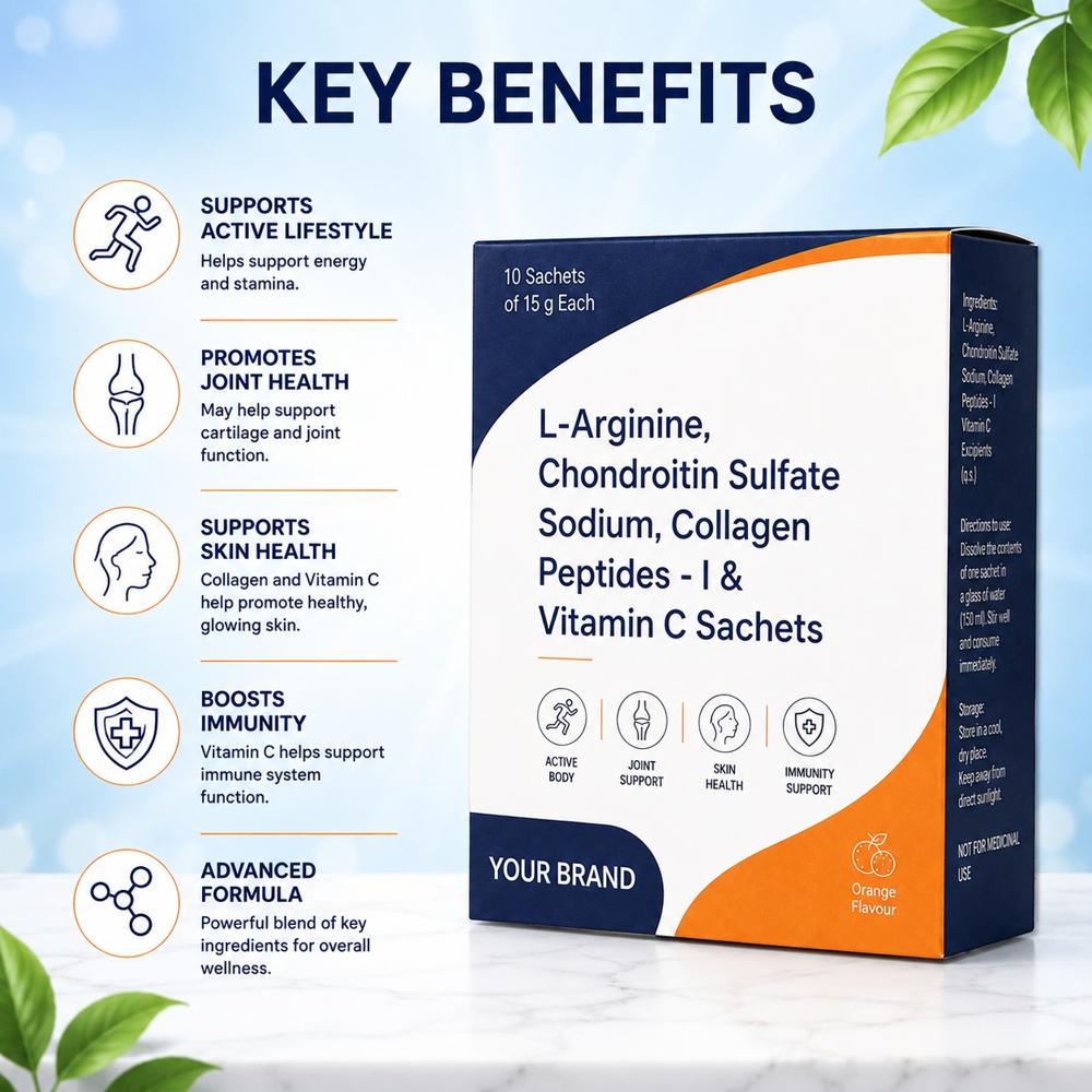 L-Arginine, Chondroitin Sulfate Sodium, Collagen Peptides Type I and Vitamin C Sachet