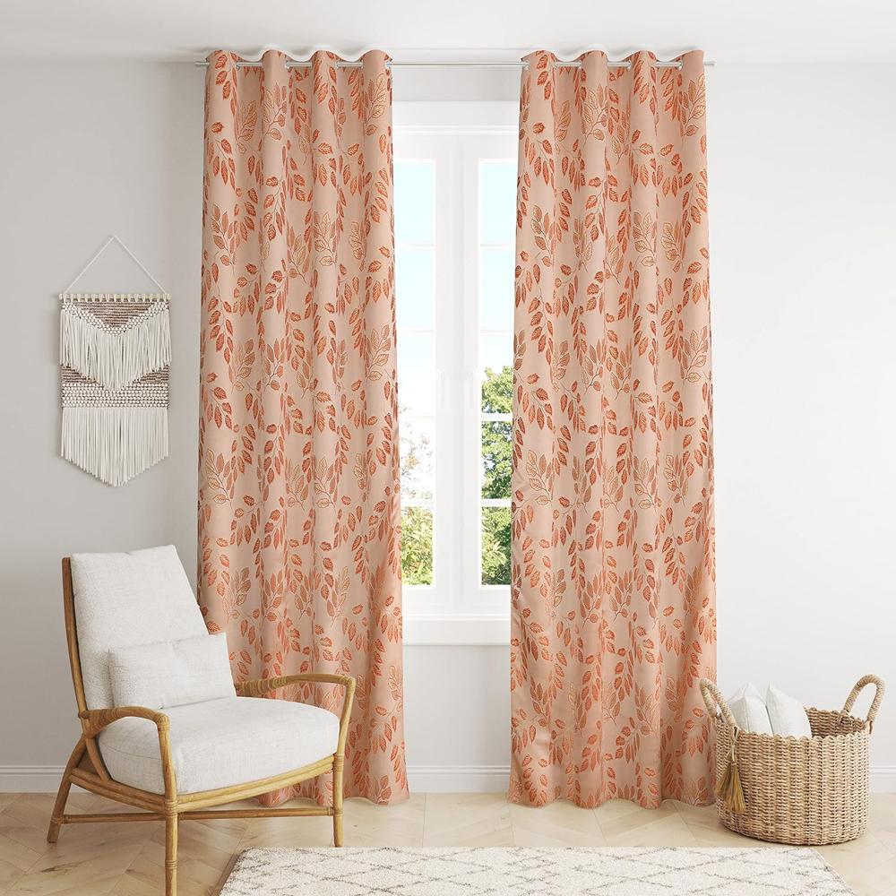 Premium Jacquard Leaf Printed Orange Curtain with Eyelet Rings