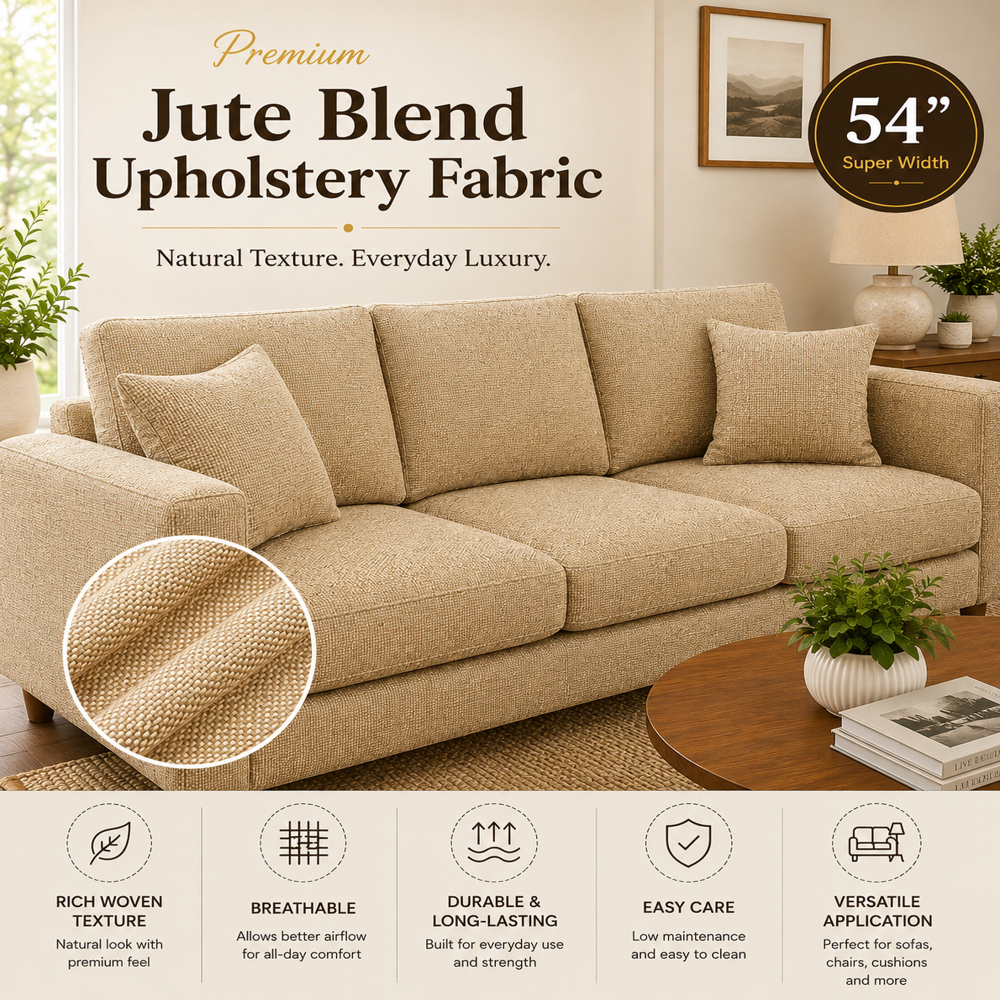 Jute Blend Upholstery Fabric By Meter | 54 Inch Wide Fabric For Sofa, Curtains & Cushion Covers | Unstitched Cut Length - Color: Beige