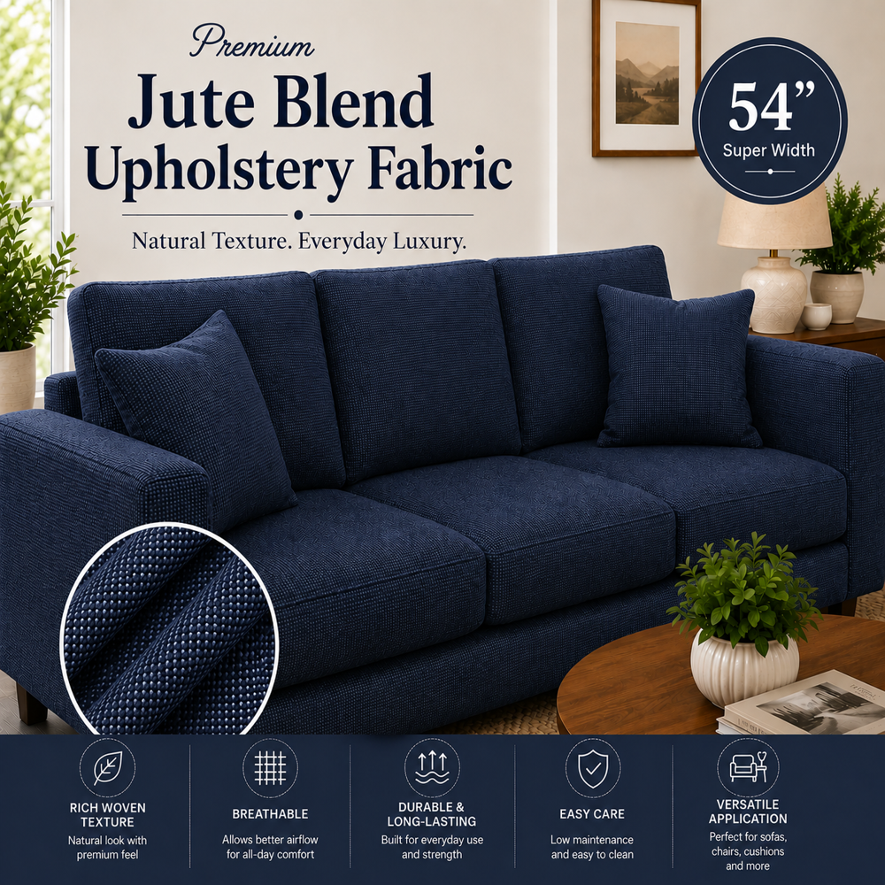 Jute Blend Upholstery Fabric By Meter | 54 Inch Wide, Plain Grey, Matte Finish | Blackout, Thermal Insulation, Washable, Eco-friendly