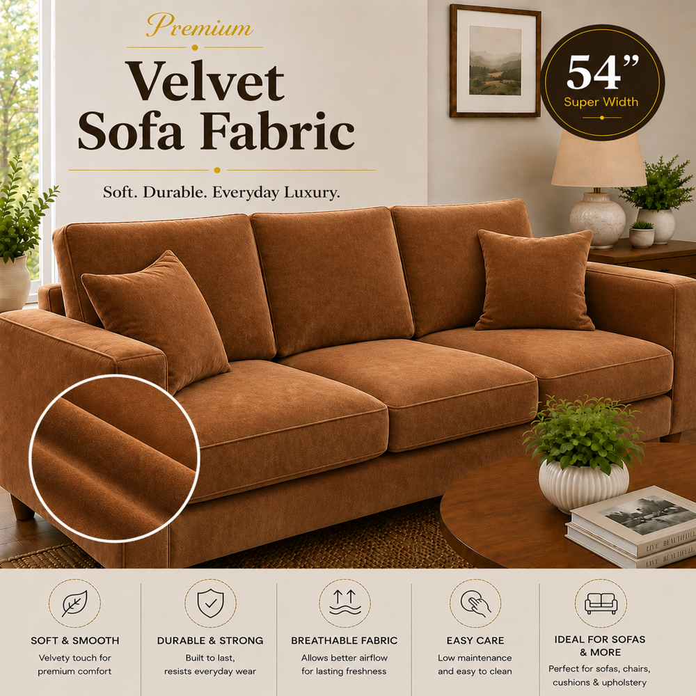 Premium Velvet Fabric for Curtains, Sofa Upholstery & Cushion Covers | 54 Inch Width, 100% Polyester Camel with Foil Floral Print, Blackout, Thermal Insulated