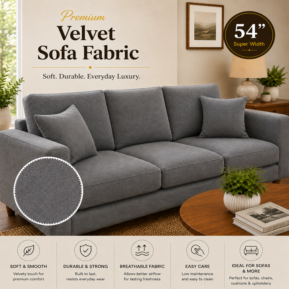 Premium Velvet Fabric for Curtains, Sofa Upholstery & Cushion Covers | 100% Polyester, 54 Inch Width, Grey | Anti-Wrinkle, Room Darkening, Washable