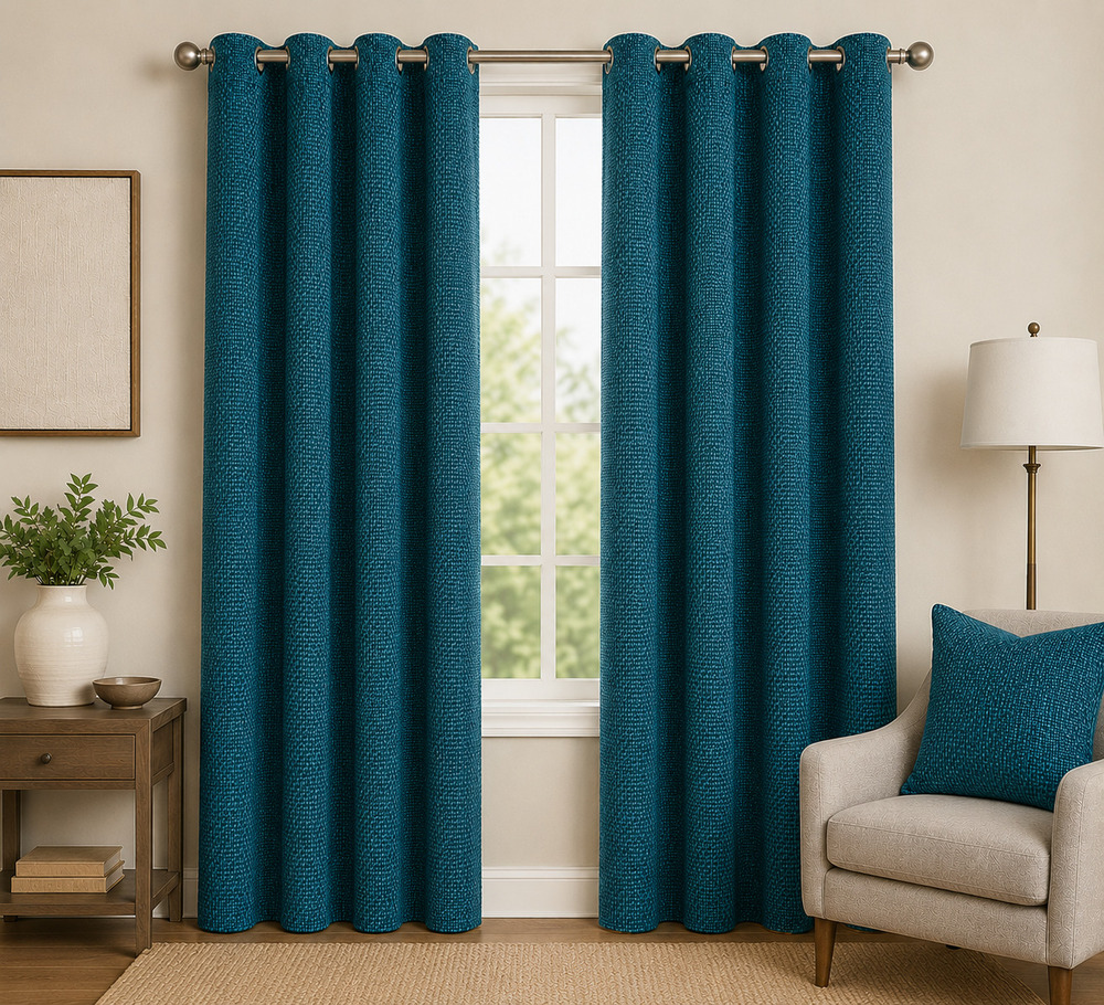 Aqua Color Twill Weave Room Darkening Jute Blend Curtain