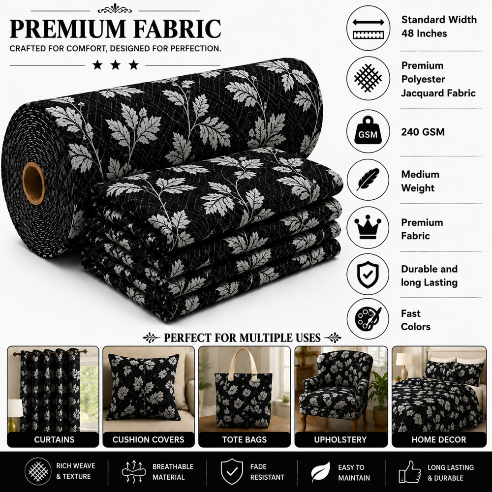 Premium Polyester Jacquard Curtain Fabric | 48 Inch Wide Upholstery Fabric For Curtains, Sofa, Chair & Tote Bags - Color: Black