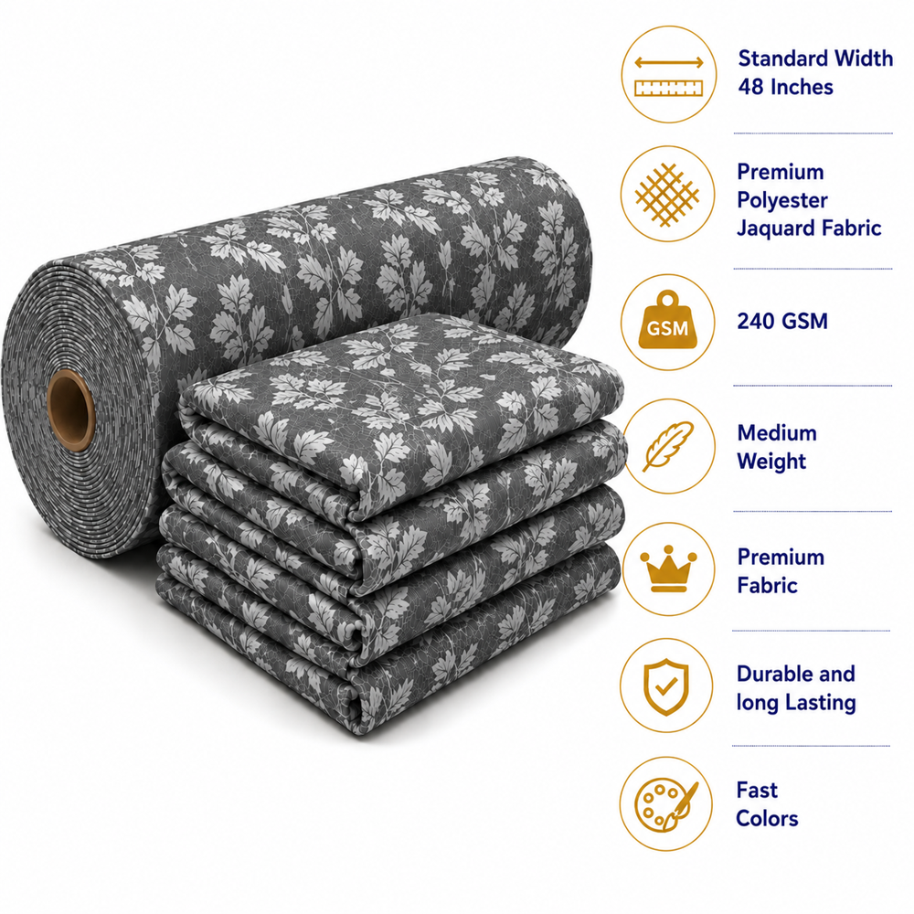 Premium Polyester Jacquard Curtain Fabric | 48 Inch Wide Upholstery Fabric For Curtains, Sofa, Chair & Tote Bags - Color: Grey