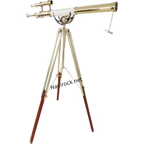 Double Barrel Shiny Brass Finish Vintage Floor Telescope Functional Spyglass with Brown Brass/Wooden Tripod White Leather Wrap 