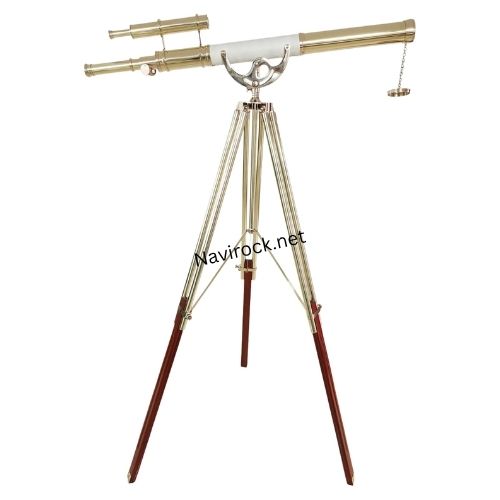 Double Barrel Shiny Brass Finish Vintage Floor Telescope Functional Spyglass with Brown Brass/Wooden Tripod White Leather Wrap 