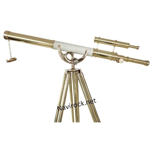 Double Barrel Shiny Brass Finish Vintage Floor Telescope Functional Spyglass with Brown Brass/Wooden Tripod White Leather Wrap 