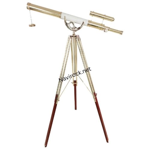 Double Barrel Shiny Brass Finish Vintage Floor Telescope Functional Spyglass with Brown Brass/Wooden Tripod White Leather Wrap 