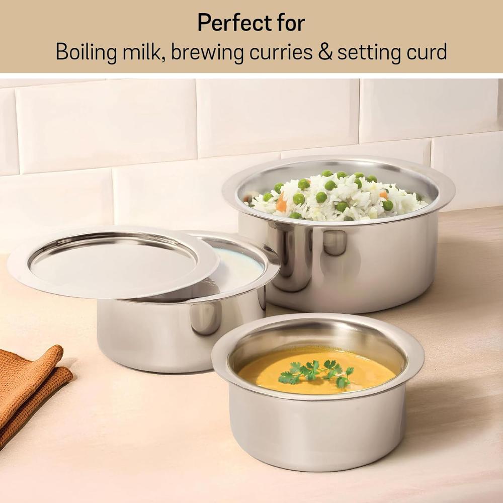 Meyer Triply Stainless Steel Tope with SS 304 Lid | Healthy, Non Toxic | Extended Grip | Bhagona | Tapeli | Patila | for Boiling Milk/Water | 20 CM/3.1 litres Capacity | 10 Year Warranty | Silver 51322