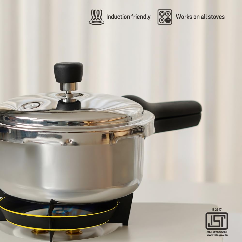 Meyer Presta Triply Pressure Cooker 2 Litre | Outer Lid Pressure Cooker | Gas and Induction Compatible | ISI Certified Food Grade Stainless Steel | 5-Year Brand Warranty | Silver 49207