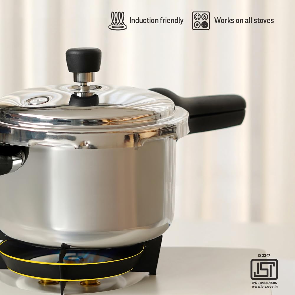 Meyer Presta Triply Pressure Cooker 3 Litre | Outer Lid Pressure Cooker | Gas and Induction Compatible | ISI Certified Food Grade Stainless Steel | 5-Year Brand Warranty | Silver 49208