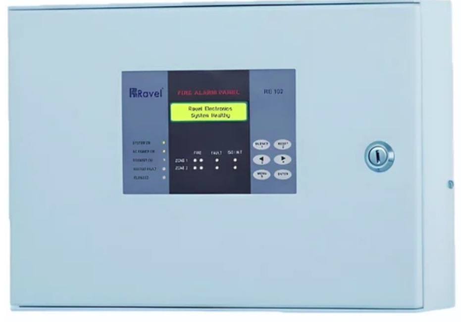 Ravel RE 102 Conventional Fire Alarm Control Panel - Metal Enclosure, 330x260x100 mm, 2 Zones | LED Indicators, Battery Backup, Front Panel Controls