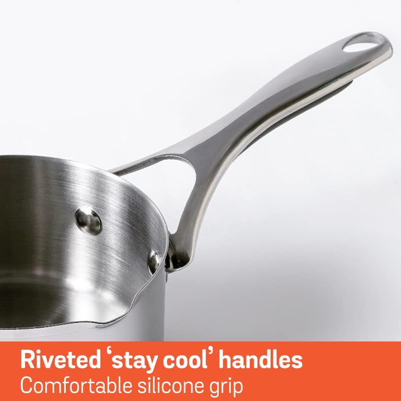 Meyer Select Nickel Free Stainless-Steel Open Milkpan | Tea pot| Milk Pot | Small Milk Pan with triply Base | Chai Pan | Mill pan for Cooking | Gas and Induction Compatible, 14cm/ 0.9 Liters, Silver 70338