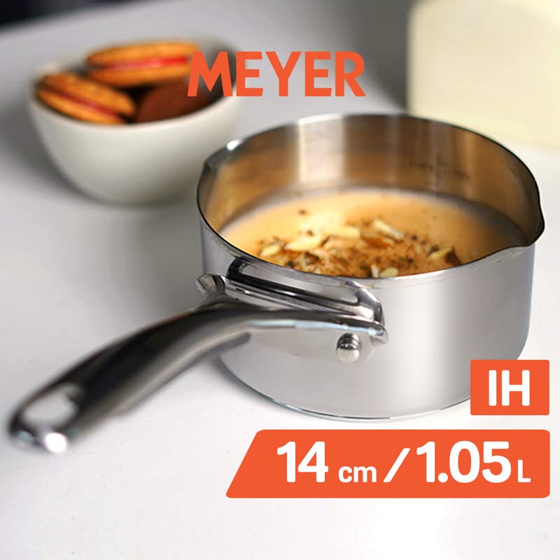 Meyer Select Nickel Free Stainless-Steel Open Milkpan | Tea pot| Milk Pot | Small Milk Pan with triply Base | Chai Pan | Mill pan for Cooking | Gas and Induction Compatible, 14cm/ 0.9 Liters, Silver 70338