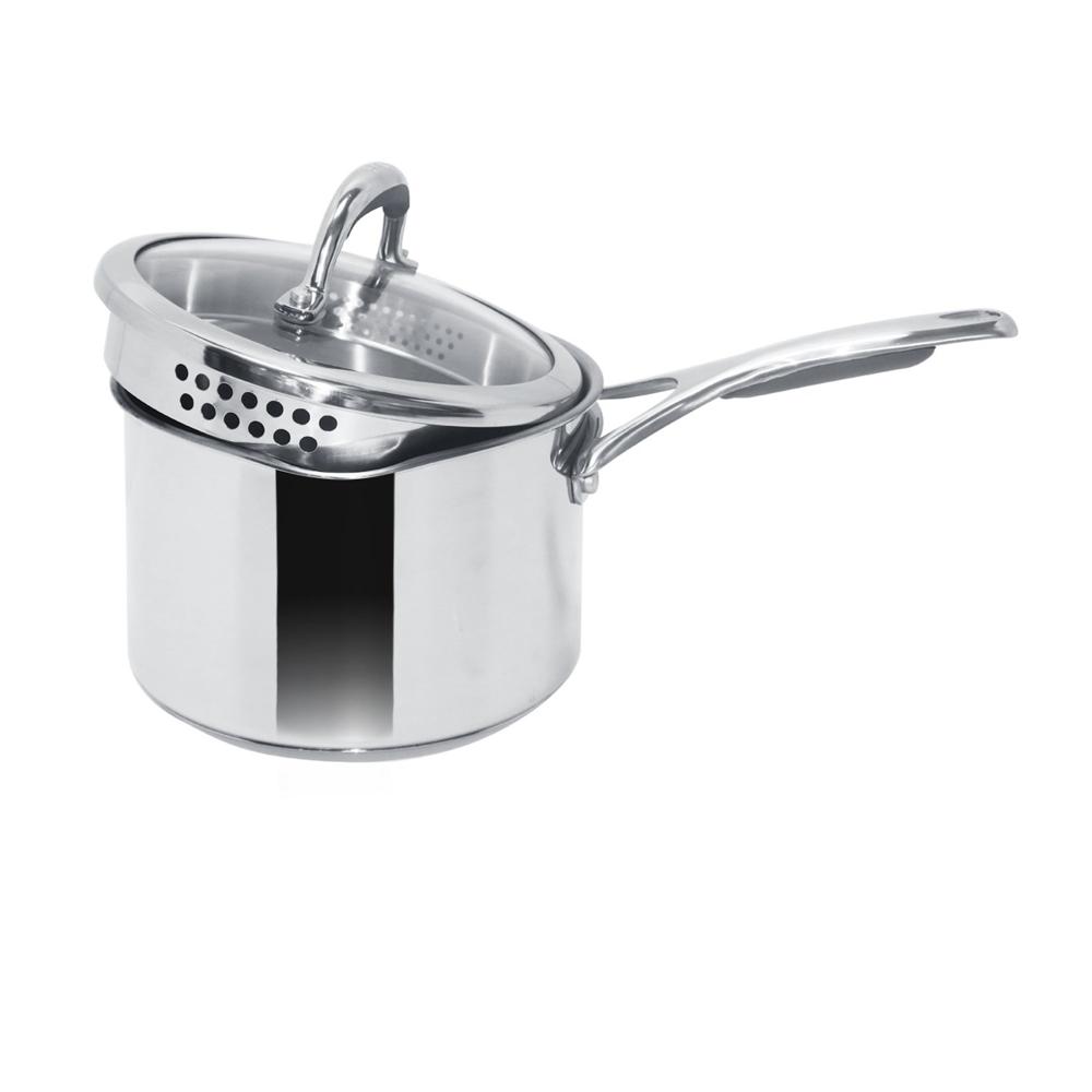Meyer Select Nickel Free Stainless Steel Saucepan | Sauce Pan With Triply Base| Sauce Pot With Straining Glass Lid |milk Pan With Lid | Gas And Induction Compatible, 16cm/ 1.95 Liters, Silver 70339 - Capacity: 1.9 Ltr