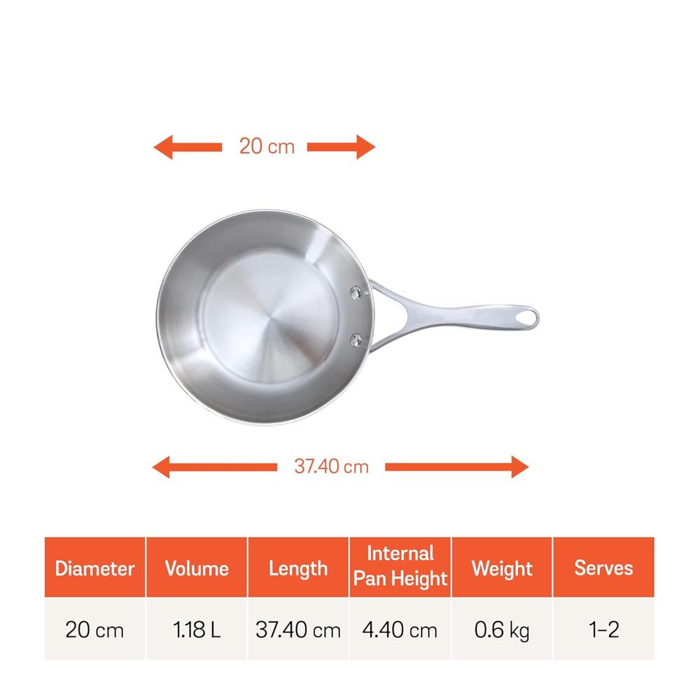 Meyer Select Nickel Free Stainless Steel Frypan | Frying Pan | Steel Small Frying Pan with Triply Base | Stainless Steel Cookware | Gas and Induction Compatible, 20 cm/ 1.18L, Silver 70332