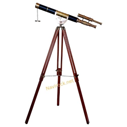 Vintage Brass Telescope Double Barrel Antique Finish Wooden Tripod Floor Standing 