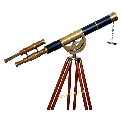 Vintage Brass Telescope Double Barrel Antique Finish Wooden Tripod Floor Standing 