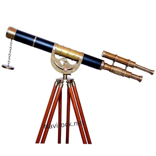 Vintage Brass Telescope Double Barrel Antique Finish Wooden Tripod Floor Standing 