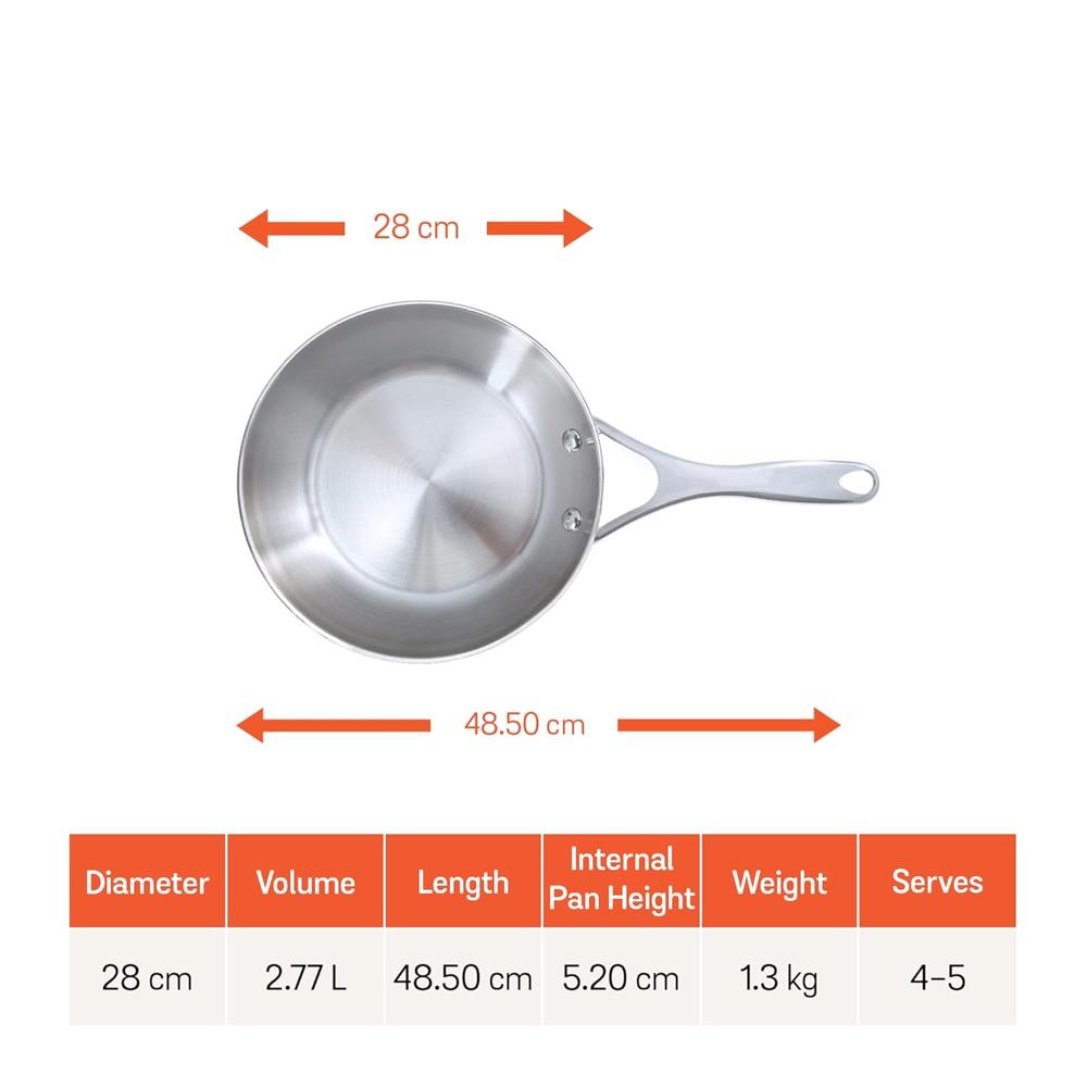 Meyer Select Nickel Free Stainless Steel Frypan | Frying Pan | Steel Frying Pan with Triply Base | Steel Fry pan | Gas and Induction Compatible, 28 cm/ 2.77L, Silver 70334