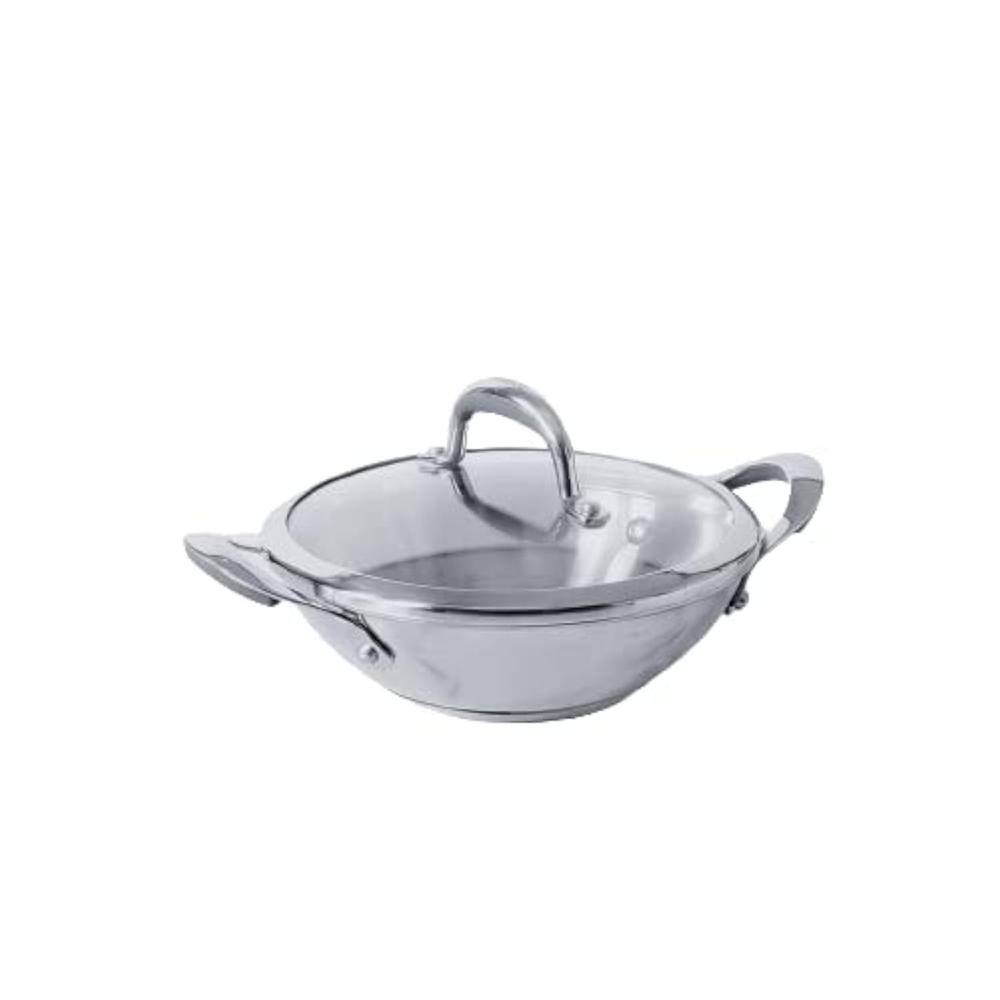 Meyer Select Nickel Free Stainless Steel Kadai with Glass Lid | Steel Kadhai with Triply Base for Deep Frying | Gas and Induction Compatible, 22cm/ 1.91 Liters, Silver 70335