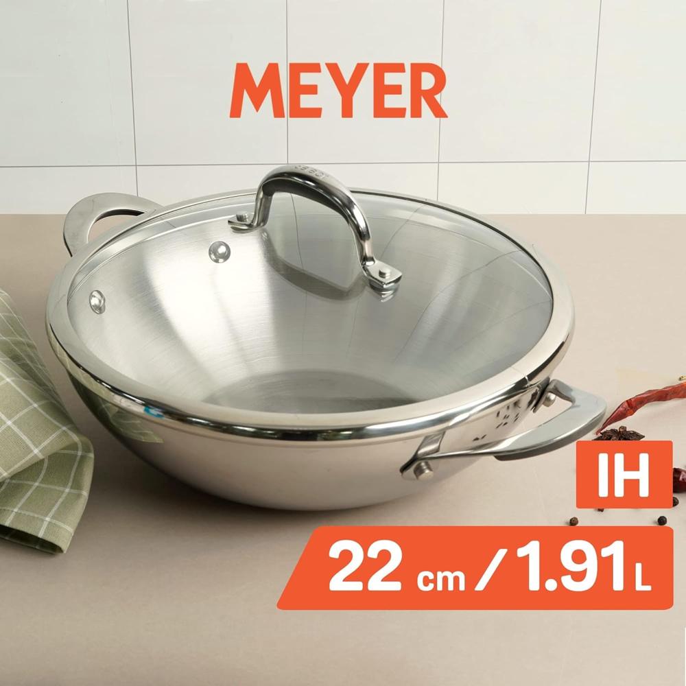 Meyer Select Nickel Free Stainless Steel Kadai with Glass Lid | Steel Kadhai with Triply Base for Deep Frying | Gas and Induction Compatible, 22cm/ 1.91 Liters, Silver 70335